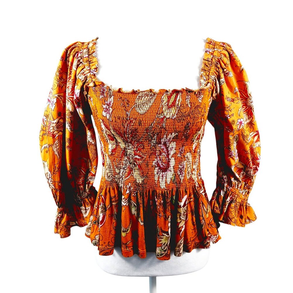Anthropologie Conditions Apply Smocked Peplum Top, Medium, Ruffled, Cottage Core